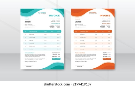 Plantilla de diseño de facturas mínimo profesional y moderno para empresas. Formato de factura creativo para el precio del formulario de factura. Diseño de papelería comercial de pago de acuerdo de pago listo para imprimir.