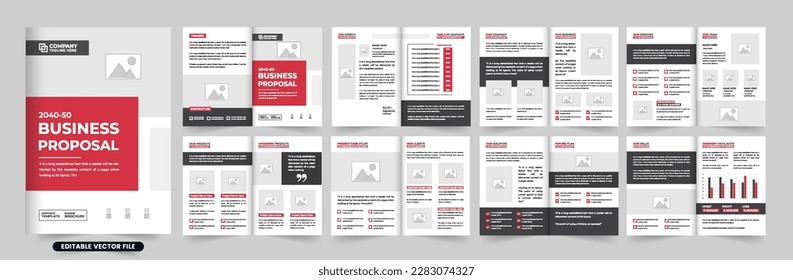 Corporate business overview and portfolio magazine template vector with red and dark colors. Company promotional brochure design with photo placeholders. Business profile and overview template.