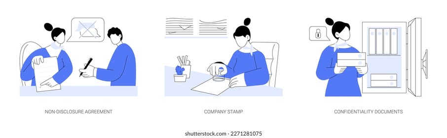 Corporate business paperwork abstract concept vector illustration set. Non-disclosure agreement, company stamp, confidentiality documents, legal business, employee signs NDA abstract metaphor.