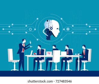 Personas de negocios corporativas reunidas para la tecnología robot. Concepto de ilustración vectorial de discusión empresarial. Diseño plano.