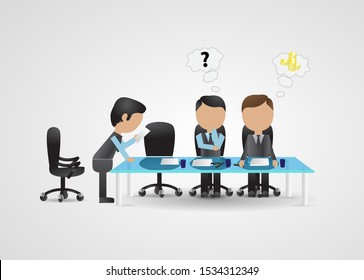 Corporate Business People Work In Office - Vector. Team Leader And Businessmen Have Meeting In Office. Cartoon Character Vector. Businessmen Discussing Business Report. Business People Thinking