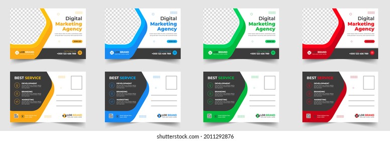 Corporate business postcard template design set with blue, yellow, red and green color. digital marketing agency postcard, business marketing postcard set, vector illustration.