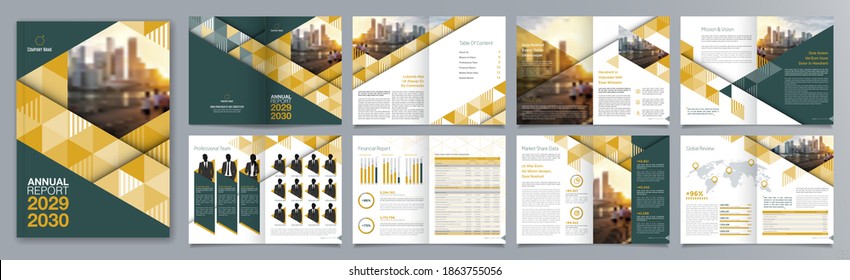 Corporate business presentation guide brochure template, Annual report, 16 page minimalist flat geometric business brochure design template, A4 size.