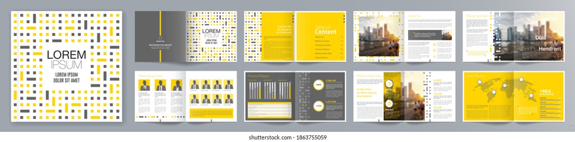 Guía de presentación de empresas plantilla de folleto, Informe anual, plantilla de diseño de folletos minimalistas geométricos planos de 16 páginas, tamaño A4.