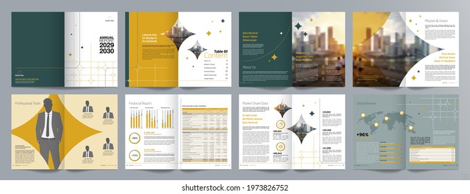 Corporate business presentation guide brochure template, Annual report, 16 page minimalist flat geometric business brochure design template, A4 size.