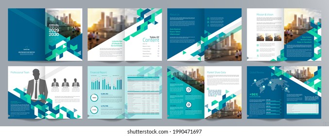 Corporate business presentation guide brochure template, Annual report, 16 page minimalist flat geometric business brochure design template, A4 size.