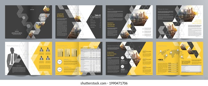 Corporate business presentation guide brochure template, Annual report, 16 page minimalist flat geometric business brochure design template, A4 size.