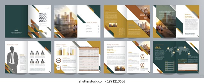 Corporate business presentation guide brochure template, Annual report, 16 page minimalist flat geometric business brochure design template, A4 size.