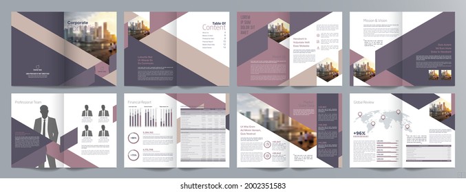 Corporate business presentation guide brochure template, Annual report, 16 page minimalist flat geometric business brochure design template, A4 size.