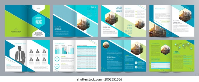 Corporate business presentation guide brochure template, Annual report, 16 page minimalist flat geometric business brochure design template, A4 size.