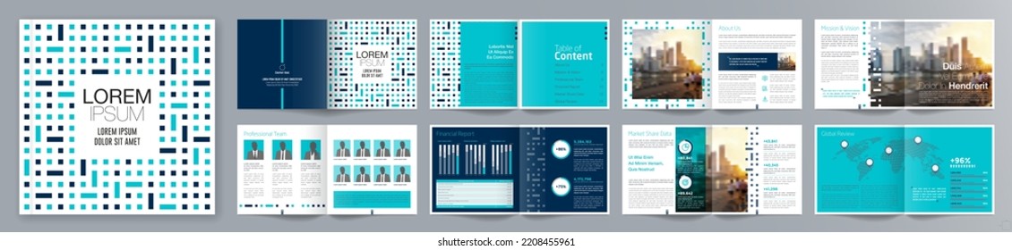 Corporate business presentation guide brochure template, Annual report, 16 page minimalist flat geometric business brochure design template, Square size.