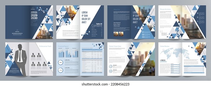 Corporate business presentation guide brochure template, Annual report, 16 page minimalist flat geometric business brochure design template, A4 size.