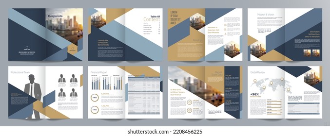 Guía de presentación de empresas plantilla de folleto, Informe anual, plantilla de diseño de folletos minimalistas geométricos planos de 16 páginas, tamaño A4.