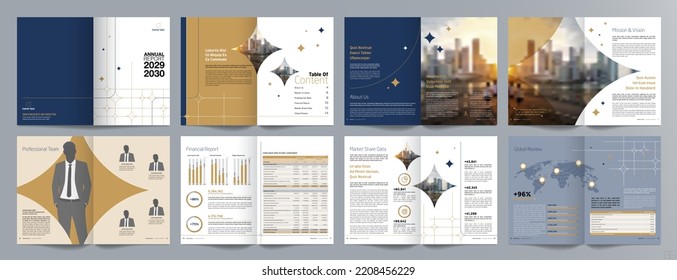 Corporate business presentation guide brochure template, Annual report, 16 page minimalist flat geometric business brochure design template, A4 size.