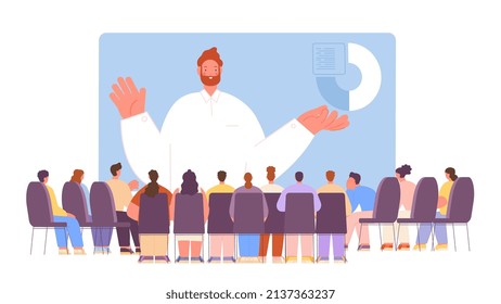 Corporate business presentation on giant screen. Audience, people sitting back and look at boss. Training or student meeting, online work or education, vector scene
