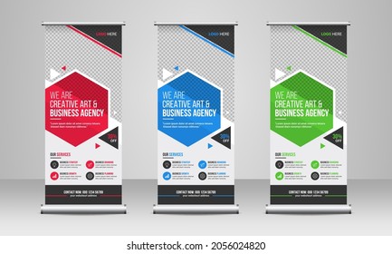 Corporate Business Promotion Roll Up Or X Banner Template Design With Creative Abstract Background, Company Logo And Icon. Conference, Meeting Or Training Event Marketing Rack Card, Banner And Flyer.