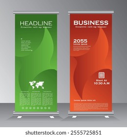 Corporate Business Roll Up Banner Design, Vertical Banner for business, Green and orange roll up banner of event, presentaion, party, confferance, company, summit, welcome, Vector banner,