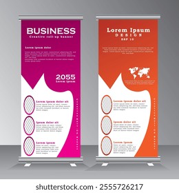 Corporate Business Roll Up Banner Design, Vertical Banner for business, purple and orange roll up banner of event, presentaion, party, confferance, company, summit, welcome, Vector banner,