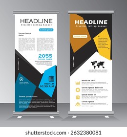 Corporate Business Roll Up Banner Design, Vertical Banner for business, blue and orange roll up banner of event, presentaion, party, confferance, company, summit, welcome, Vector banner,