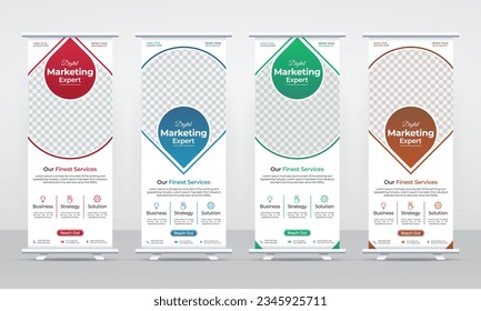 Corporate business roll up, pull up, standee, retractable x banner design template for marketing advertising or display cover promotion vector layout set, modern creative signage bundle