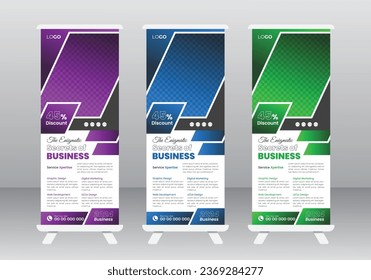 Corporate business roll-up banner design, Vertical banner design signboard advertising, modern business pull-up banner design, business promotion signage standee vector layout, roll-up set. standee de