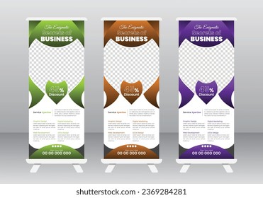 Corporate business roll-up banner design, Vertical banner design signboard advertising, modern business pull-up banner design, business promotion signage standee vector layout, roll-up set. standee de