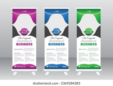 Corporate business roll-up banner design, Vertical banner design signboard advertising, modern business pull-up banner design, business promotion signage standee vector layout, roll-up set. standee de