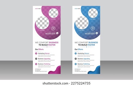 Corporate business roll-up banner. simple business roll up standee x-banner template. vector 2 gradient roll up banner design.
