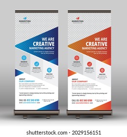 Corporate Business Rollup Banner X-Banner Standee Template Design Layout With Orange And Blue Accent