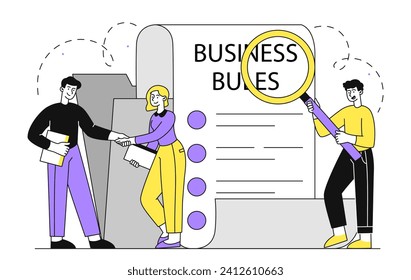 Las reglas de negocio de las empresas son lineales. Hombre y mujer dan la mano. Los socios llegan a un acuerdo y negocian. Empresa u organización ética. Ilustración del vector plano Doodle aislada en fondo blanco