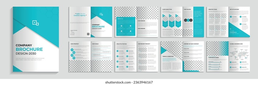 Corporate business solution booklet, 16 page company profile brochure editable template layout design.