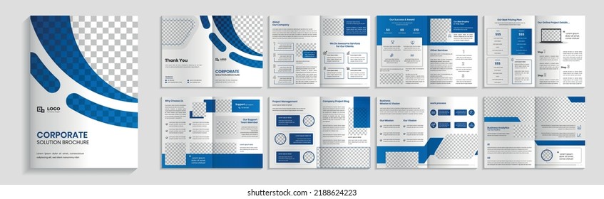 Folleto sobre soluciones empresariales, folleto sobre el perfil de la empresa de 16 páginas, diseño de plantillas editable. Informe anual, folletos, volantes, presentaciones, volante, revista, libro.