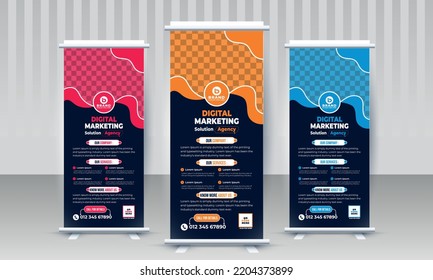 Corporate Business Standee X Rollup Banner Design With Three Color Concept Red Orange Blue Vector Template