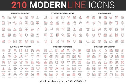 Corporate business startup red black thin line icon set of financial data technology, success strategy, development business finance investment, successful project start symbols vector illustration.