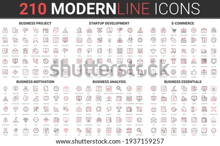 Corporate business startup red black thin line icon set of financial data technology, success strategy, development business finance investment, successful project start symbols vector illustration.