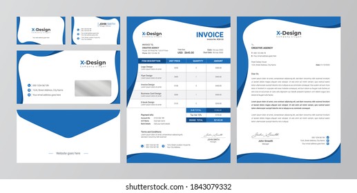 Corporate business stationery pack template with creative shape.