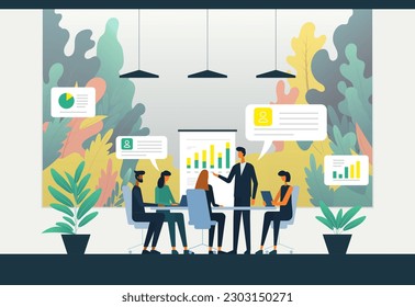 Corporate business team having a meeting in a virtual office room: digital workspace, remote work and teamwork concept. Flat vector illustration