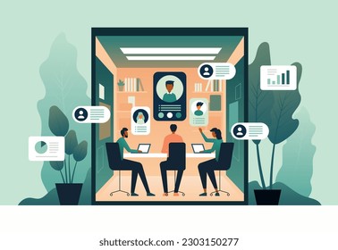 Corporate business team having a meeting in a virtual office room: digital workspace, remote work and teamwork concept. Flat vector illustration