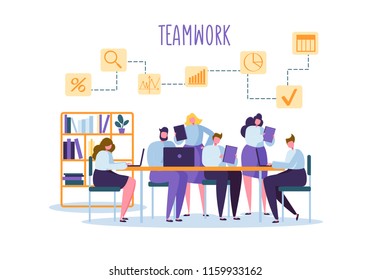 Corporate Business Team People Behind Desk. Flat Characters Office Workers. Teamwork Concept. Coworking Space with Man and Woman with Laptop. Vector illustration