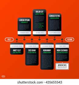 Corporate business timeline template on bright orange background. Useful for presentations and advertising.
