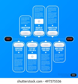 Corporate business timeline template on bright blue background. Useful for presentations and advertising.