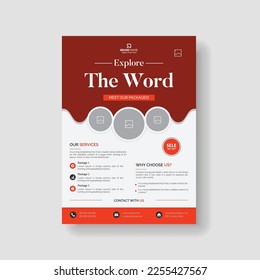 Corporate Business travel flyer with orange color. Vector template in A4 size. Holiday, summer travel and tourism flyer. Modern business A4 vector template pro vector tour and travel flyer.
