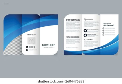 Corporate Business Trifold Brochure Template with Blue Wave Design. Flyer Mockup.