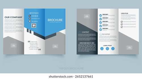Corporate Business Trifold Brochure Template Design. Clean layout with icons, contact section, and service highlights.
