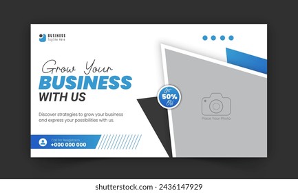 Corporate business video thumbnail and web banner design template, modern creative gaming thumbnail for gaming video promotion and live video streaming abstract blue color shape on white background