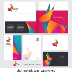 corporate business visual identity stationery set template mockups with multicolored polygonal rabbit logo element. Open brochure, letterhead and business card design