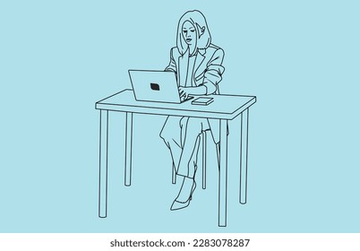 Corporate business women works in laptop on the table free vector line arts