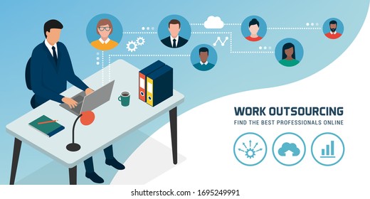 Corporate businessman connecting online with his laptop and hiring freelancers, work outsourcing concept