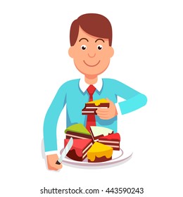 Corporate Businessman Or Government Clerk Eating Market Shares Pie Segment Of Metaphoric Cake Chart. Corporation Takeover Or Governmental Regulation Concept. Flat Style Vector Character Illustration.