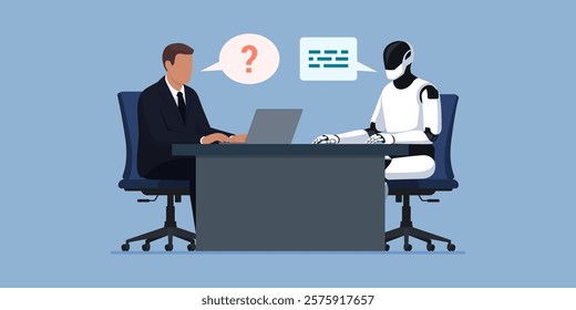 Corporate businessman and humanoid AI robot sitting at desk and working together